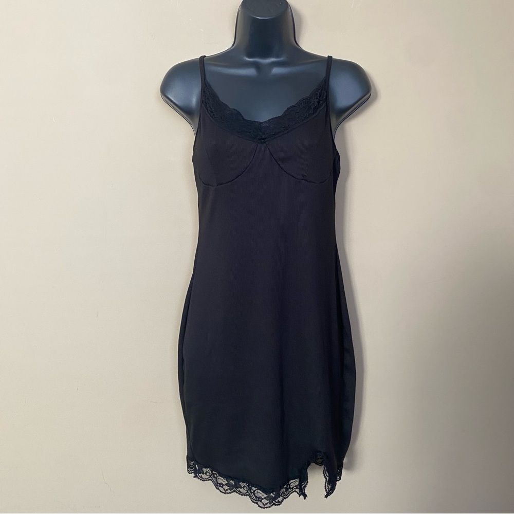 Shein Black Lace Trim Ribbed Knit Slip Dress